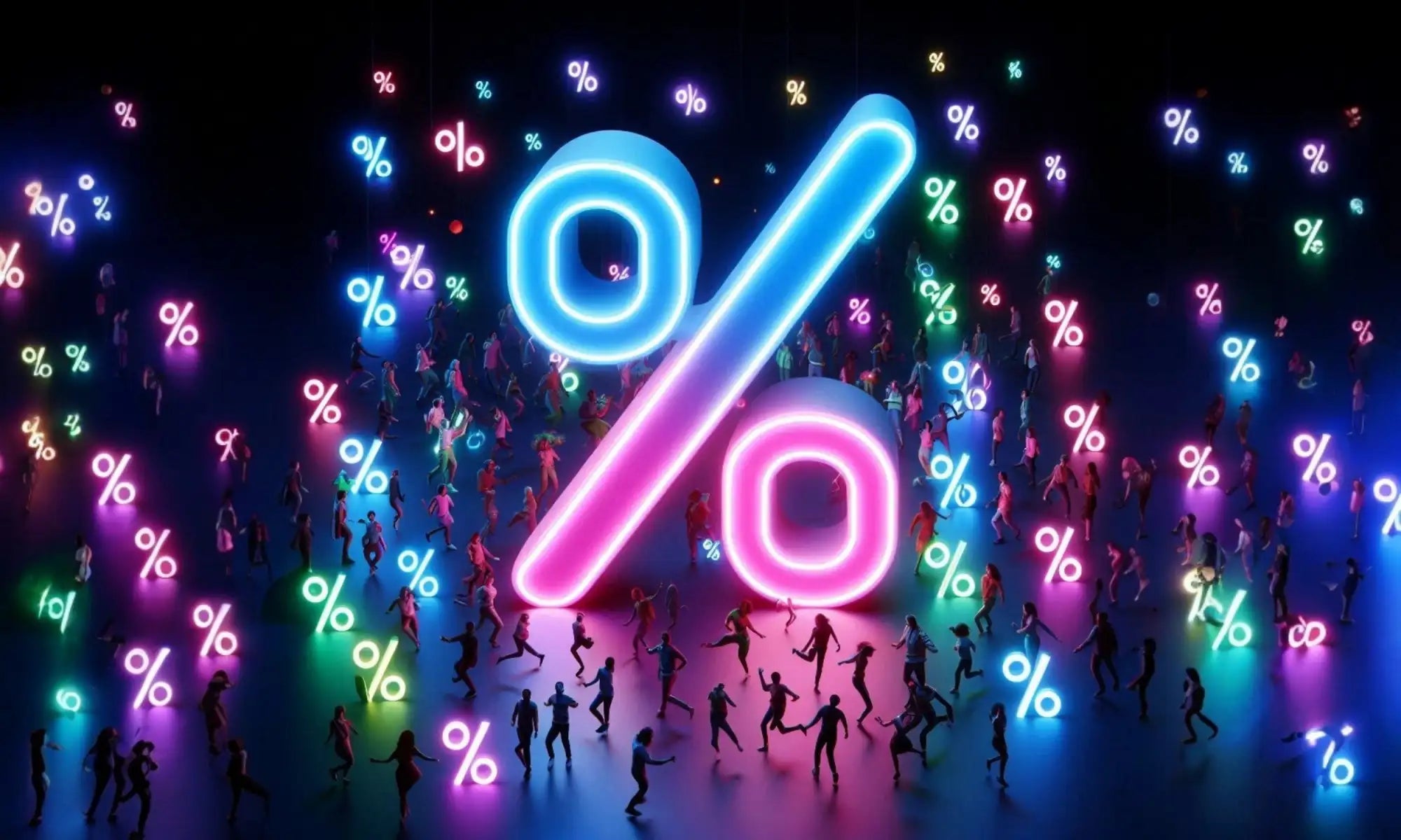 Leuchtendes Neon-Zeichen für das Prozent mit einem blauen und rosa Farbverlauf, umgeben von kleineren leuchtenden Prozentzeichen.