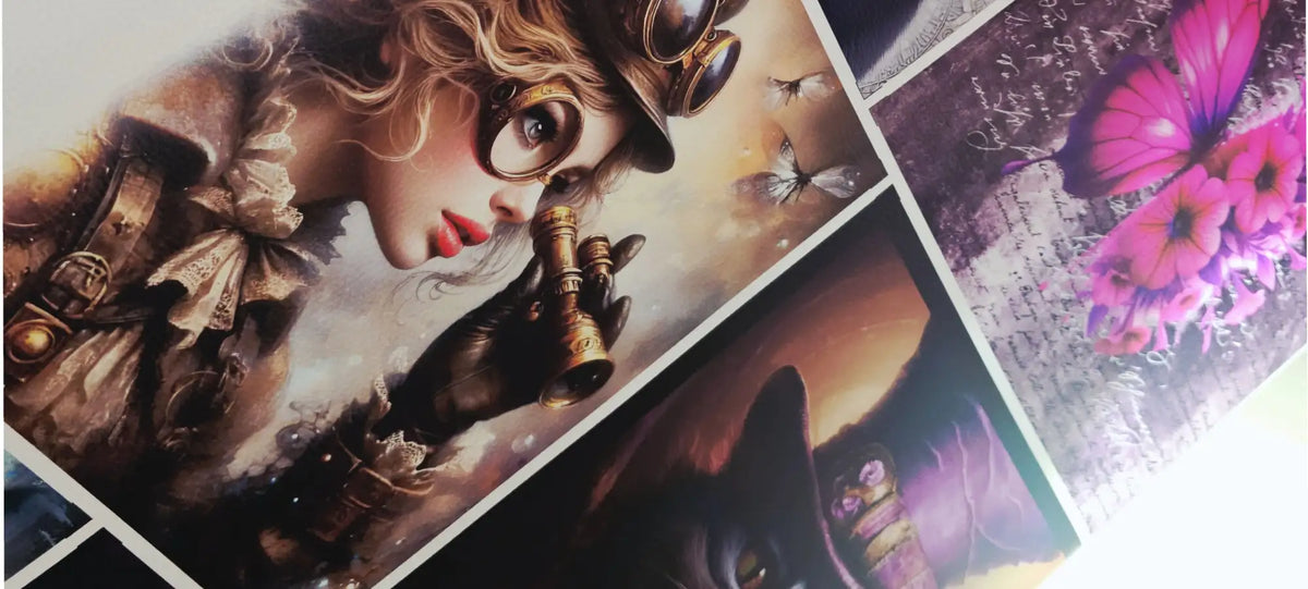 Druck im Steampunk-Stil: Porträt einer Frau mit lockigem blondem Haar, die eine Schutzbrille trägt und Messing-Ferngläser in der Hand hält.