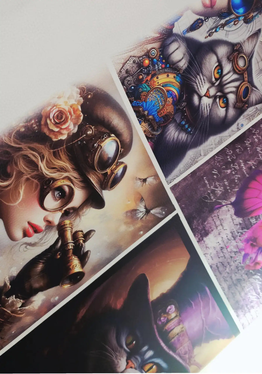 Steampunk-inspirierte Kunstdrucke mit einer Frau mit Schutzbrille und rosenverziertem Hut, einer mechanischen Katze mit Lorgnette und einer weiteren dunklen Katze in einer kunstvollen Umgebung.