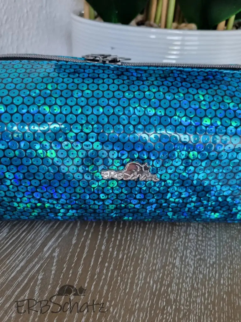 Beauty Bag Glitter Türkis Handmade - reißverschluss schieber