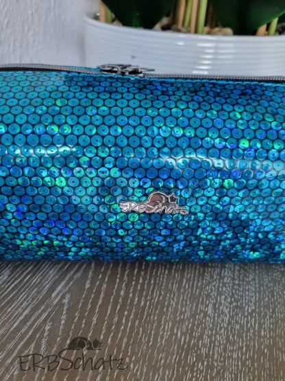 Beauty Bag Glitter Türkis Handmade - reißverschluss schieber