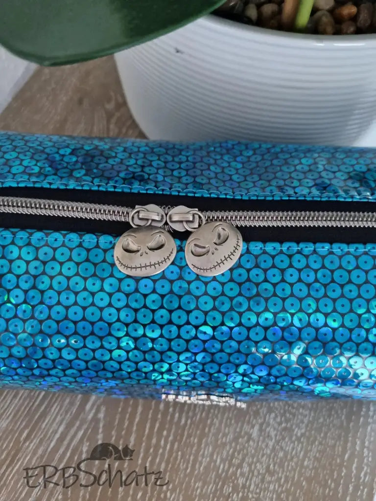 Beauty Bag Glitter Türkis Handmade - reißverschluss schieber