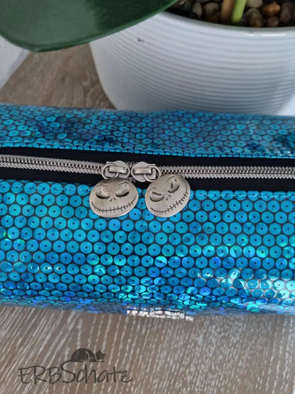 Beauty Bag Glitter Türkis Handmade - reißverschluss schieber