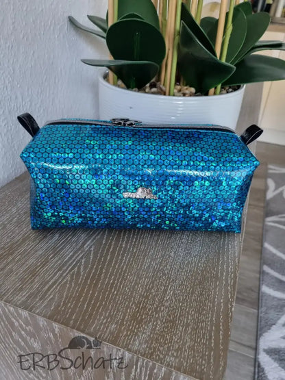 Beauty Bag Glitter Türkis Handmade - reißverschluss schieber
