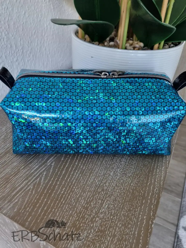 Beauty Bag Glitter Türkis Handmade - reißverschluss schieber