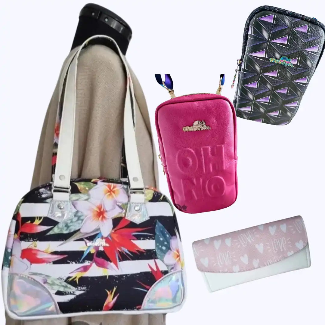 Eine bunte Blumen- und Streifen-Schultertasche mit irisierenden Akzenten.