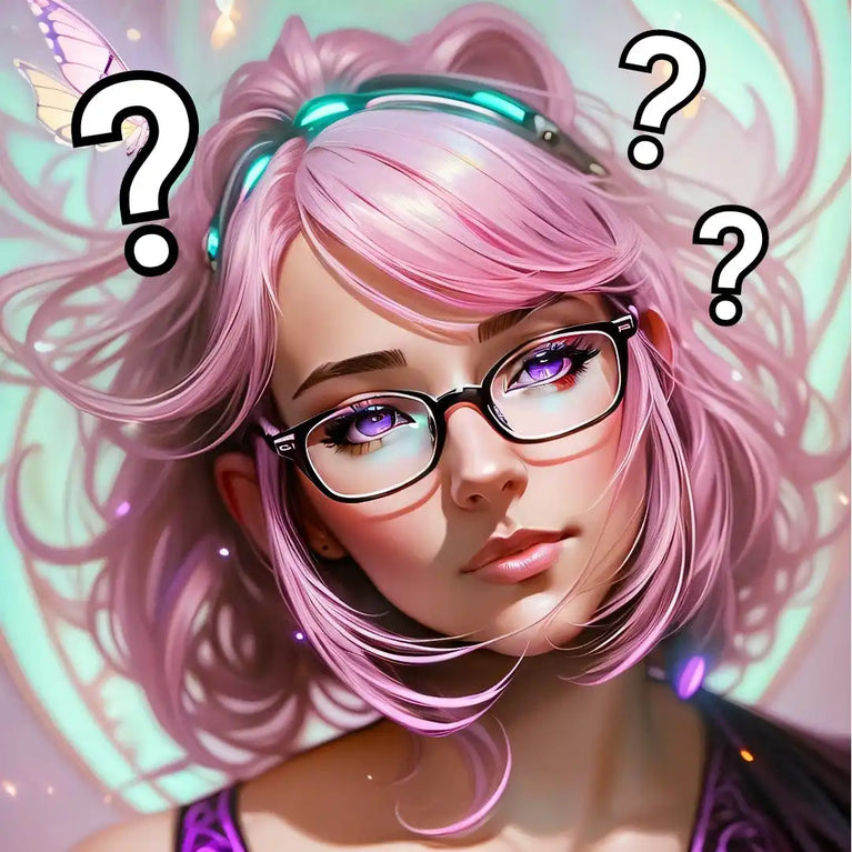 Digitales Kunstporträt mit pinken Haaren, Brille und schwebenden Fragezeichen.