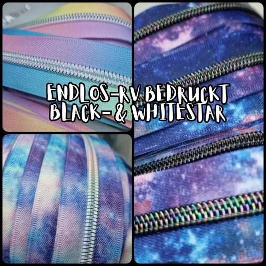 Endlosreißverschlüsse bedruckt Black Star und White Rainbow
