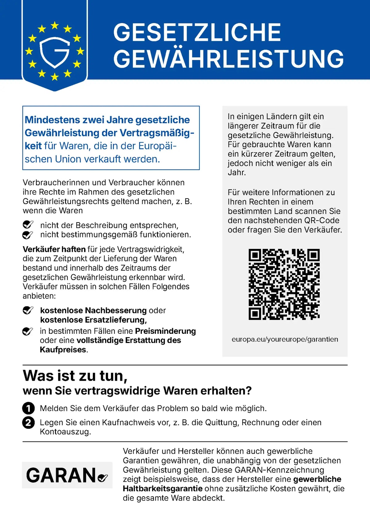 Blau-weißes offizielles Informationsplakat der Europäischen Union zur Garantie für Garan.