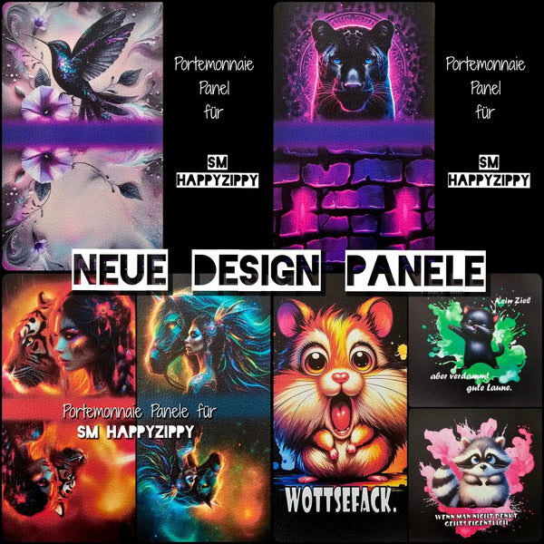 Lebendige Neon-Design-Canvas-Paneele für sm happyzippy Portemonnaies, mit kräftiger Tier- und Fantasy-Kunst in leuchtenden Violett-, Pink-, Blau-, Orange- und Grüntönen.