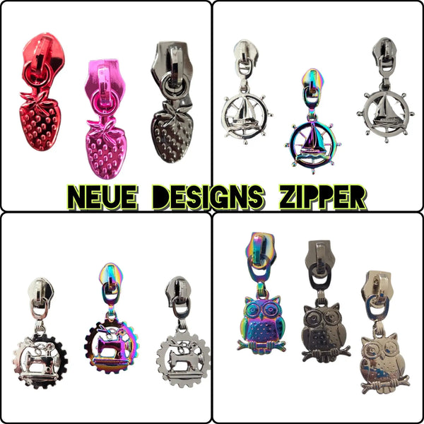 Das Bild zeigt eine Sammlung dekorativer Reißverschlussanhänger mit verschiedenen Designs, darunter Erdbeeren, Segelboote auf Schiffsrädern, Nähmaschinen und Eulen.