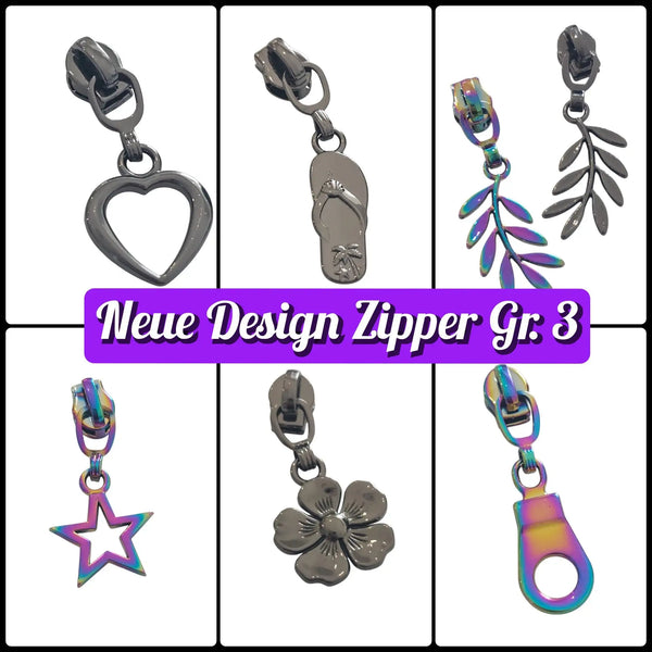 Eine Kollektion dekorativer Zipper-Anhänger mit Herz-, Flip-Flop-, Blatt-, Stern-, Blumen- und Tränenform-Designs in metallic-silbernen oder irisierenden Regenbogen-Finishes.