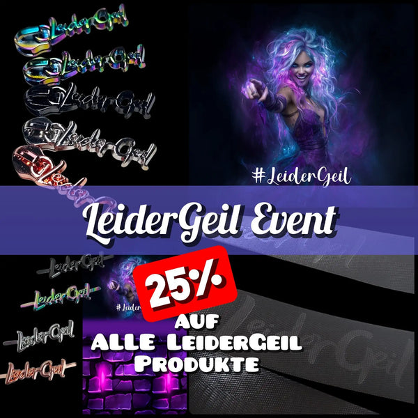 Ein lebhaftes, schillerndes „leidergeil“-Logo mit metallischem Finish und Regenbogen-Reflexionen.