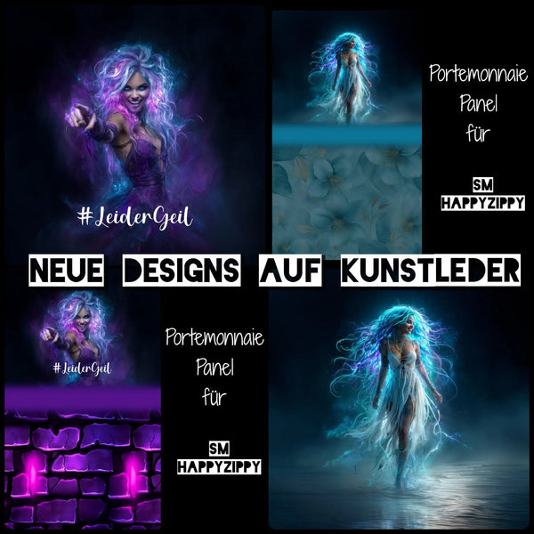 Lila- und blau leuchtende Fantasy-Wallet-Panels aus Kunstleder.