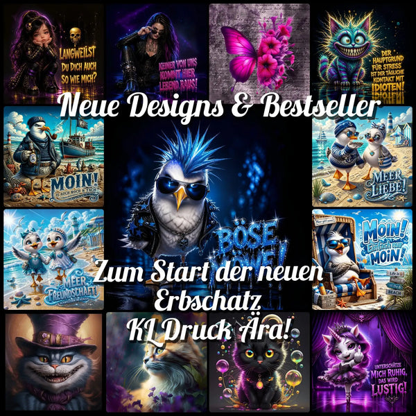 Eine stilisierte blau-weiße Eule mit spitzen Haaren, die schwarze Sonnenbrillen trägt, ein stacheliges Halsband mit Anhänger und eine dunkle lederartige Rüstung.