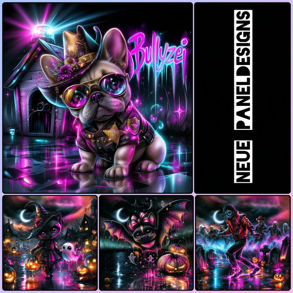 Neonpink und blau leuchtender Cartoon-Französischer Bulldogge mit Cowboyhut, Sonnenbrille und Uniform des Sheriffs mit goldenem Abzeichen.