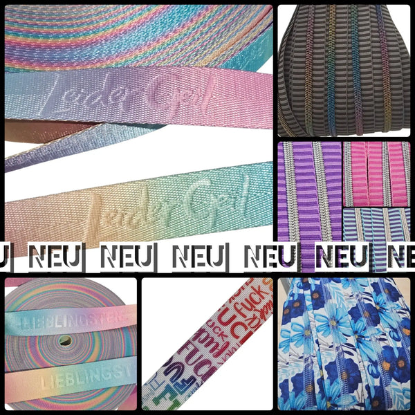 Regenbogenfarbiges, schimmerndes gewebtes Band mit „ledergel“ eingeprägt in einer dezenten Metallic-Finish-Optik.