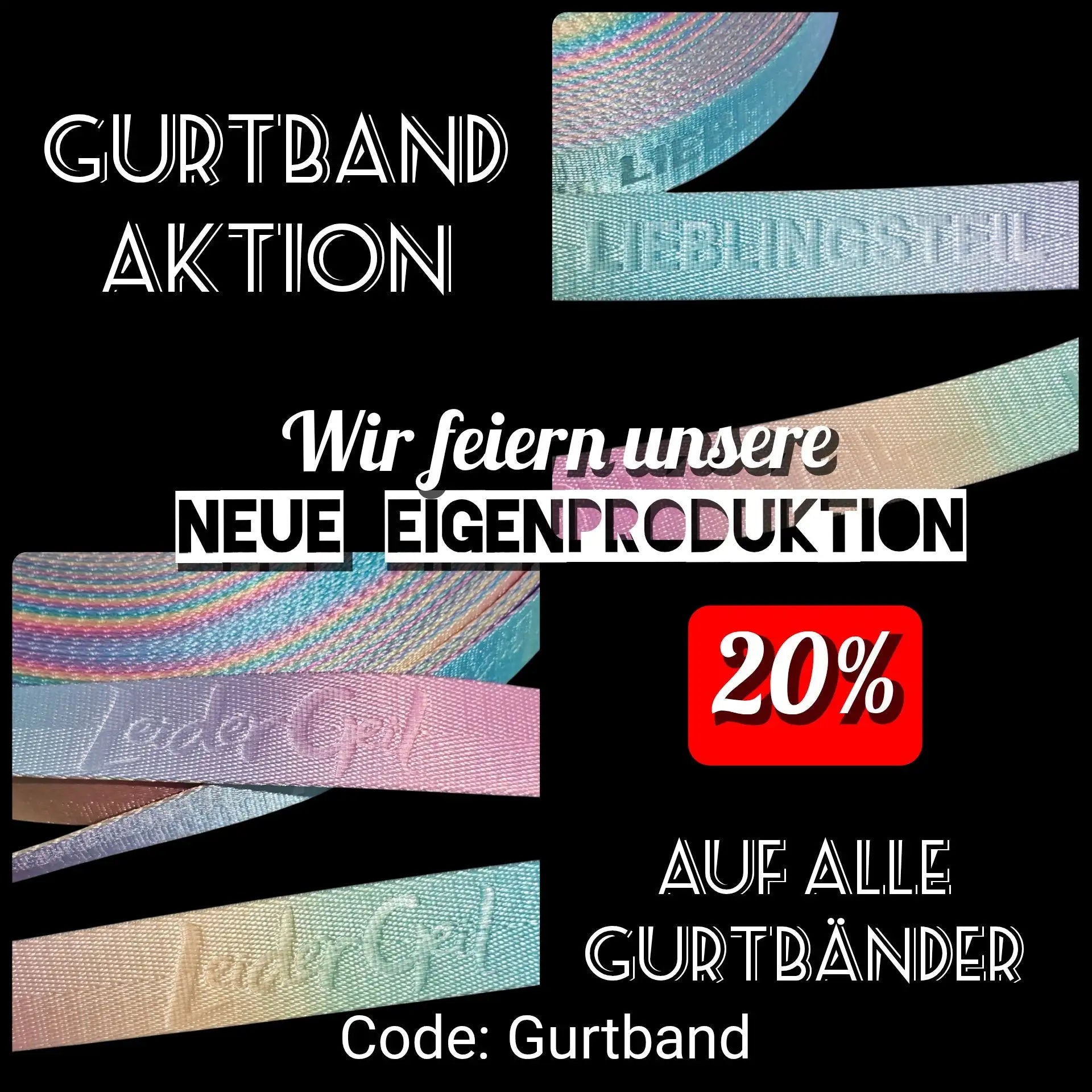 Regenbogenfarbene, satinierte Webgurtbänder mit geprägter „ladagirl“-Kennzeichnung.