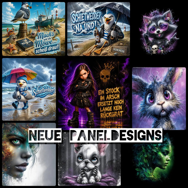 Das Bild zeigt eine Sammlung von neun unterschiedlichen digitalen Kunst-Panel-Designs, wobei jedes einzelne einzigartige Charaktere und Themen aufweist, darunter Möwen mit Bandanas, anthropomorphe Tiere wie Kaninchen und Hunde in stilisierten Szenen sowie Fantasy-Porträts.