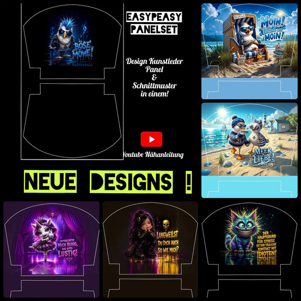 Das Bild zeigt eine Sammlung bunter, cartoonartiger Paneel-Designs für Nähprojekte.