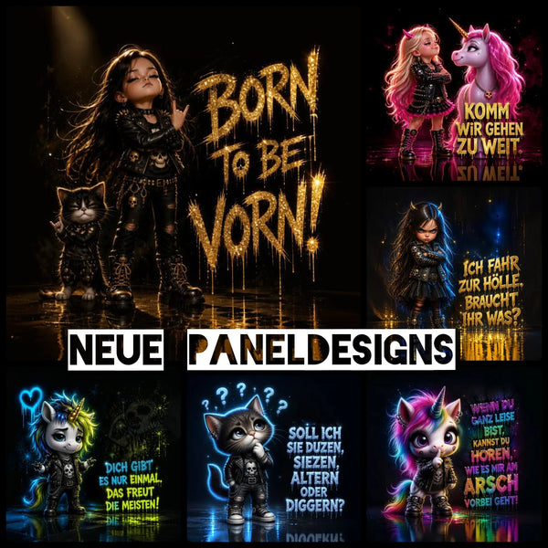 Glänzende Goldfolienbeschriftung mit tropfendem Effekt, die „born to be vorn!“ auf einem dunklen Hintergrund darstellt.