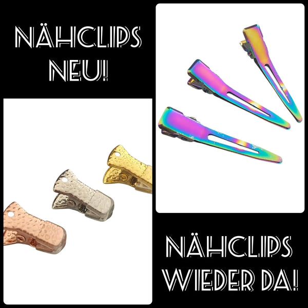 Regenbogenfarbene schillernde Metall-Nähclips mit einem eleganten, modernen Design.