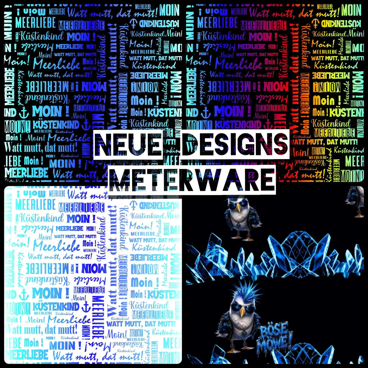 Das Bild zeigt ein lebendiges, mehrfarbiges textbasiertes Design mit sich wiederholenden Phrasen wie „meerliebe“ und „moin!“ in verschiedenen Schriftarten und Farbtönen.