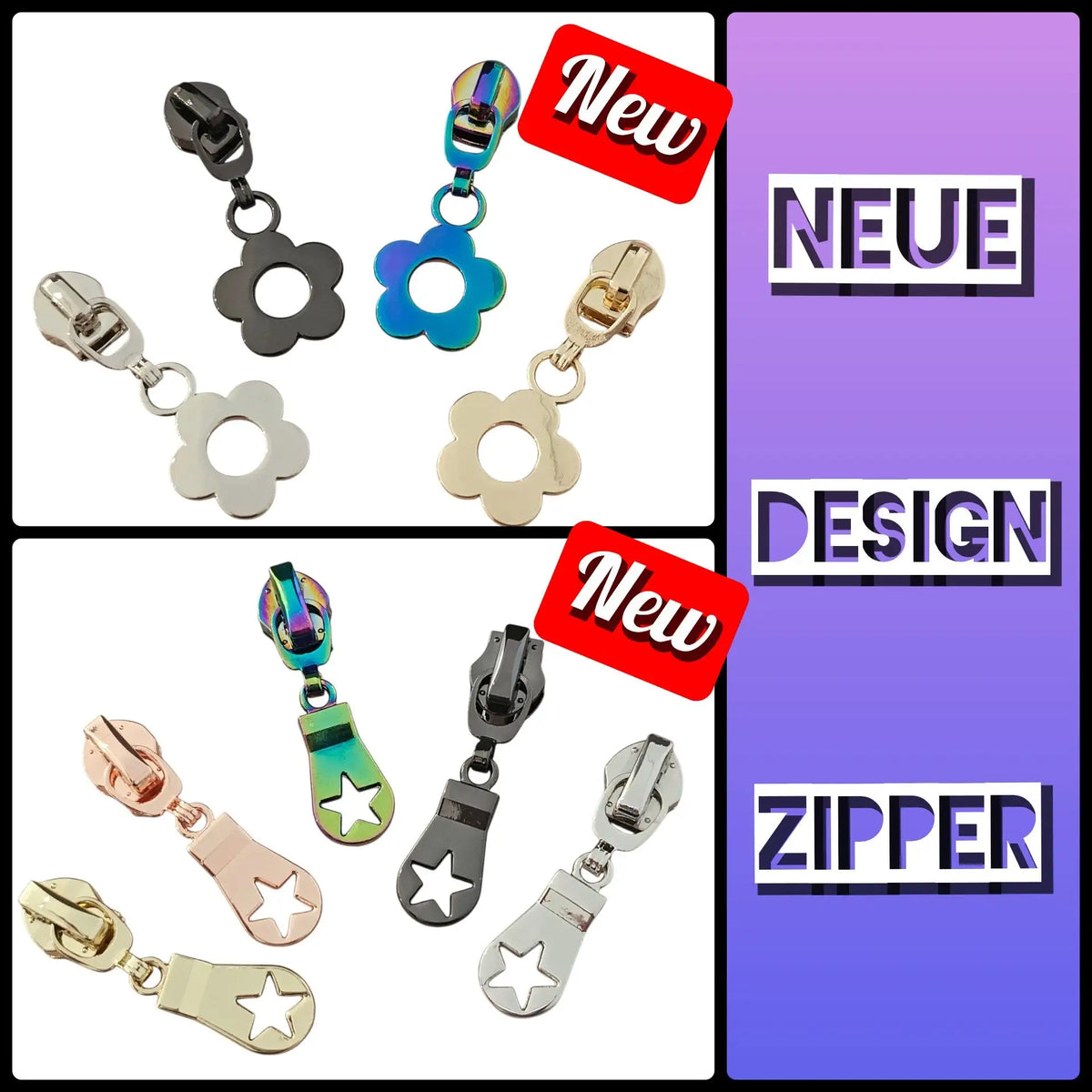 Bunte blütenförmige Reißverschluss-Anhänger in metallischen Ausführungen mit Stern- und Blütendesigns.