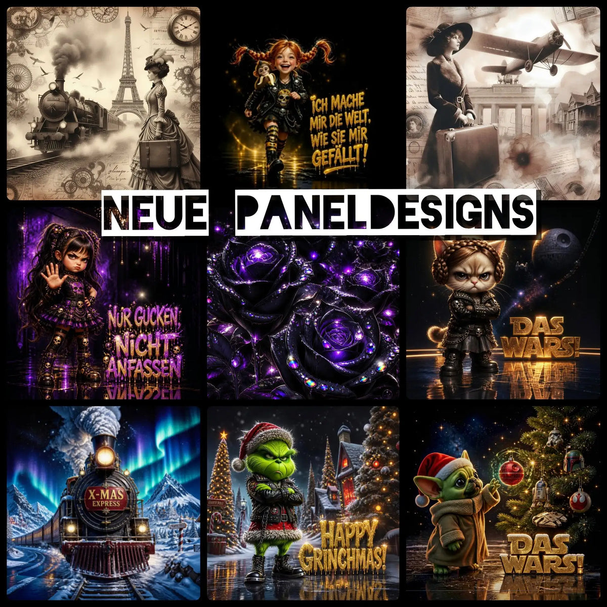 Das Bild zeigt eine Sammlung von neun unterschiedlichen digitalen Panel-Designs, die jeweils einzigartige Themen aufweisen, darunter Vintage-Züge und Pariser Szenen, Fantasiefiguren wie eine wütende Katze in Rüstung oder der Grinch, kosmische violette Rosen, festliche Motive mit Weihnachtsmützen und ein stil