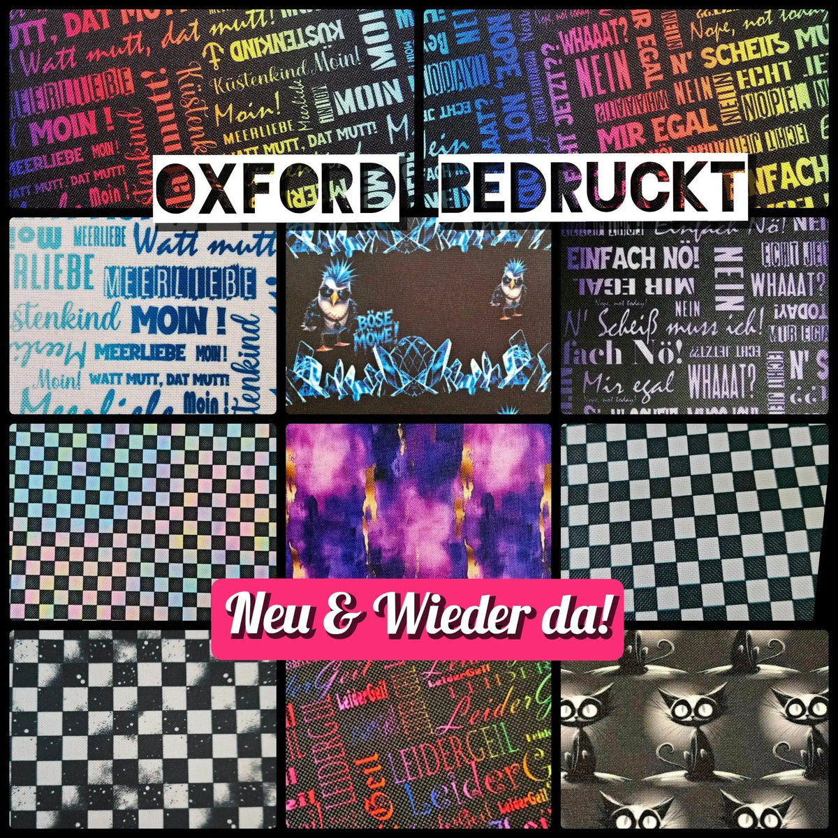 Oxford Redukt-Fabric-Kollektion mit kräftigen, farbenfrohen Textdrucken und verspielten Cartoon-Designs auf einer Vielzahl gemusterter Textilien.