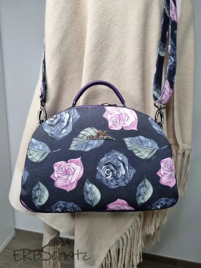 Handtasche Aubergine Rosen Bowlerbag - reißverschluss