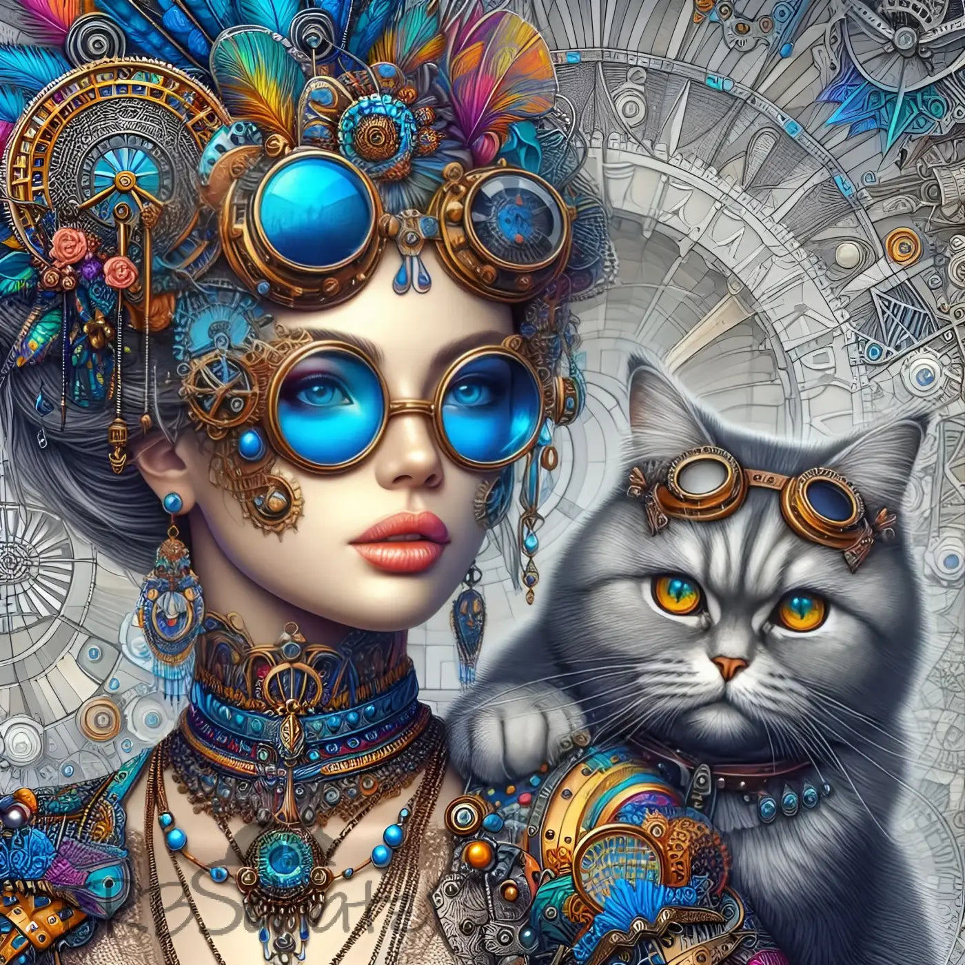 Kunstleder Panel Steampunk Cat Lady | Größenauswahl - P15