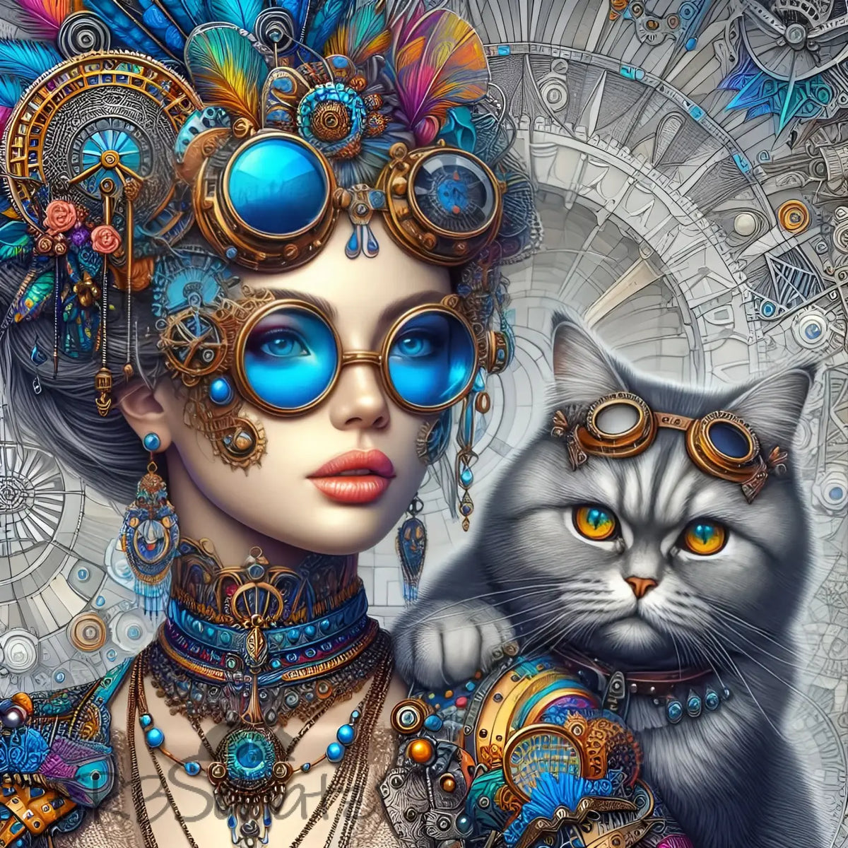 Kunstleder Panel Steampunk Cat Lady | Größenauswahl - P15