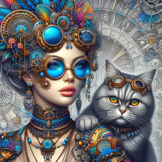 Kunstleder Panel Steampunk Cat Lady | Größenauswahl - P15