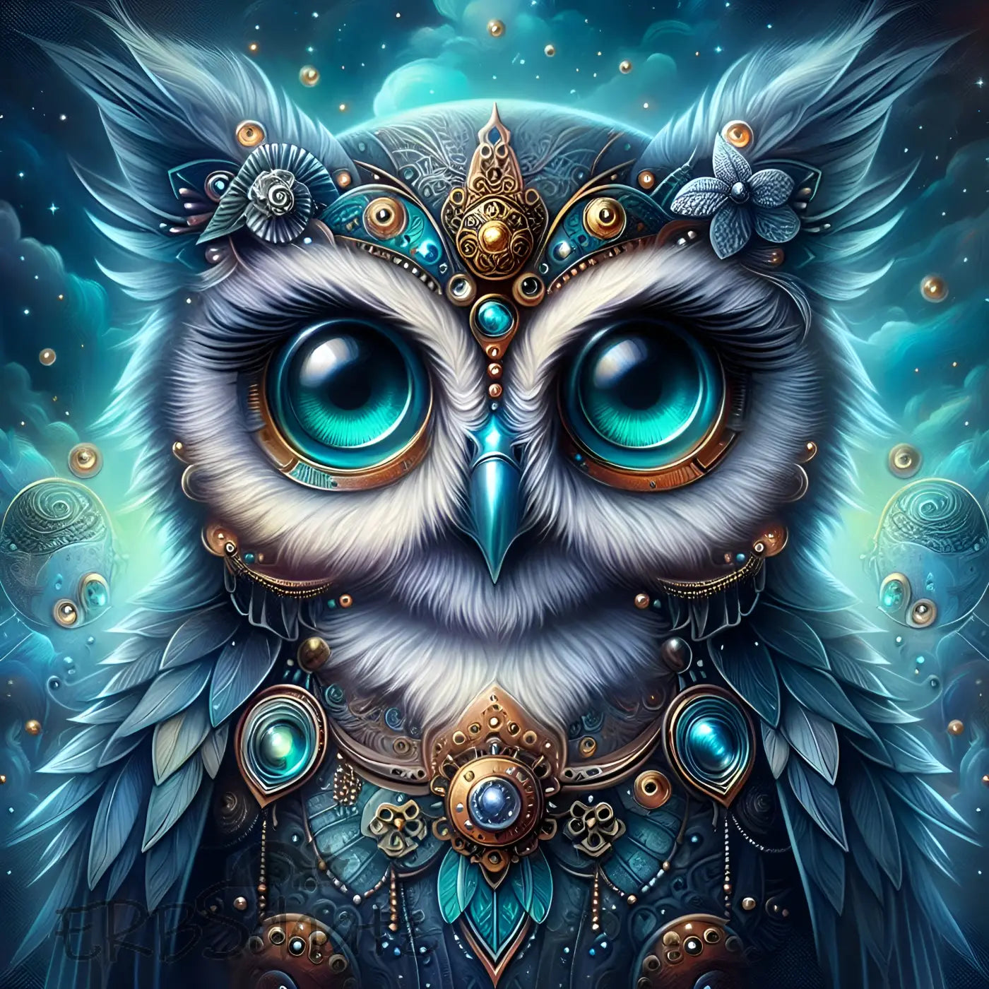 Kunstleder Panel Steampunk Owl Turquoise | Größenauswahl