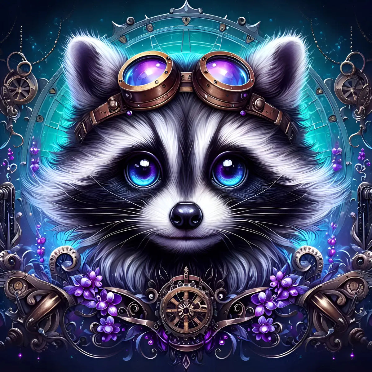 Kunstleder Panel Steampunk Raccoon Blue | Größenauswahl