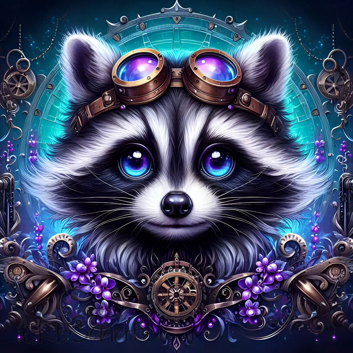 Kunstleder Panel Steampunk Raccoon Blue | Größenauswahl