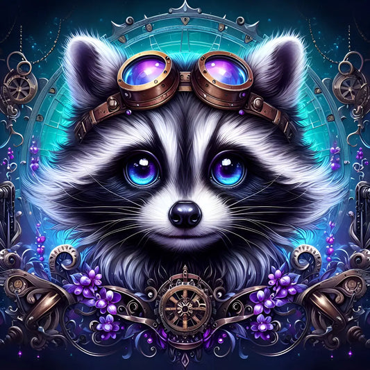 Kunstleder Panel Steampunk Raccoon Blue | Größenauswahl