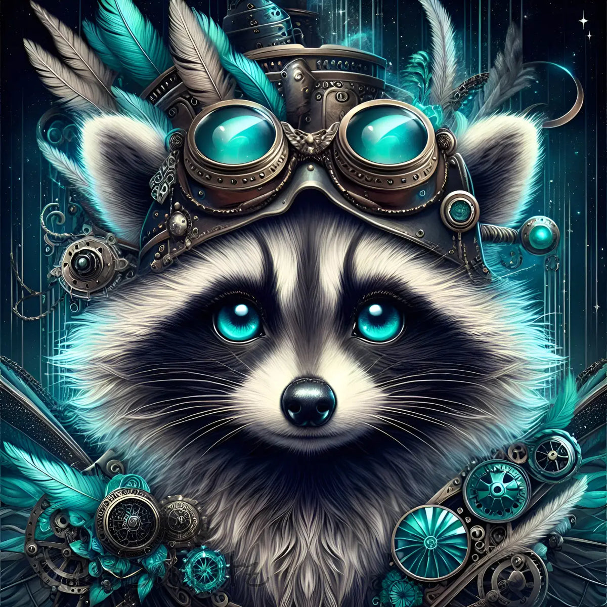 Kunstleder Panel Steampunk Raccoon Turquoise