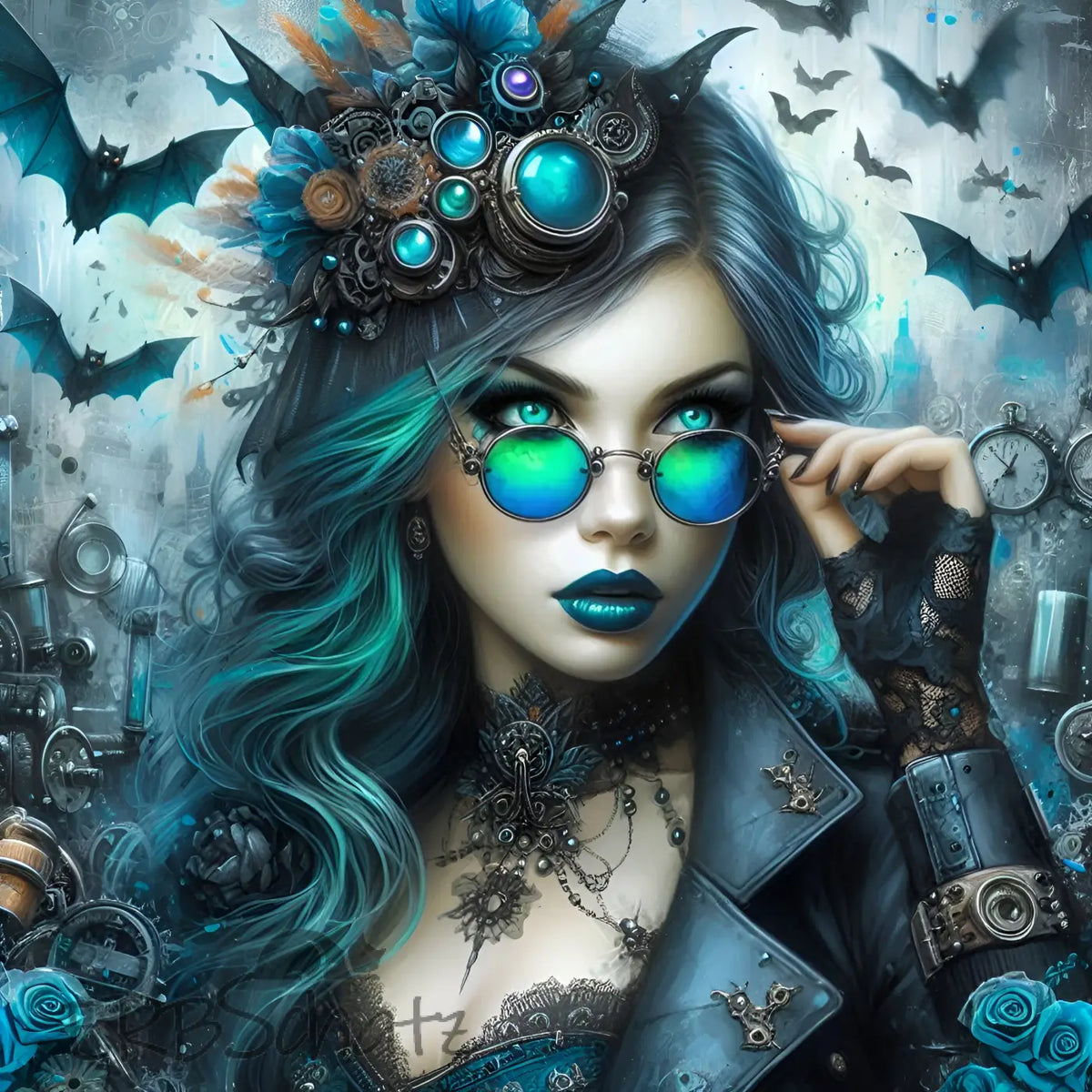 Kunstleder Panel Steampunk Woman Bat Turquoise