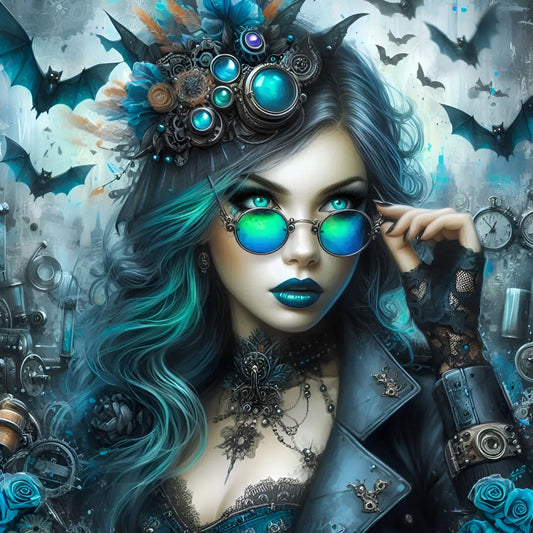 Kunstleder Panel Steampunk Woman Bat Turquoise