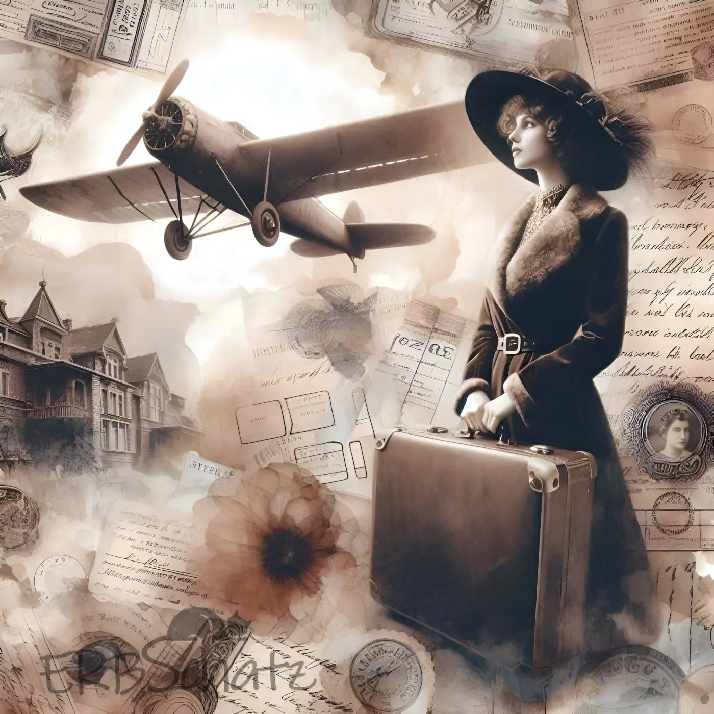 Kunstleder Panel Vintage Travel Plane | Größenauswahl - P15