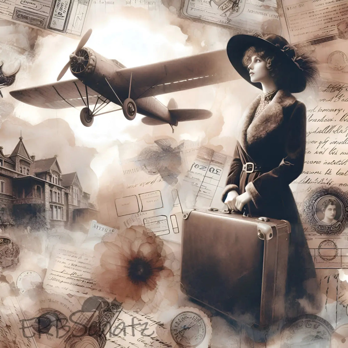 Kunstleder Panel Vintage Travel Plane | Größenauswahl - P15