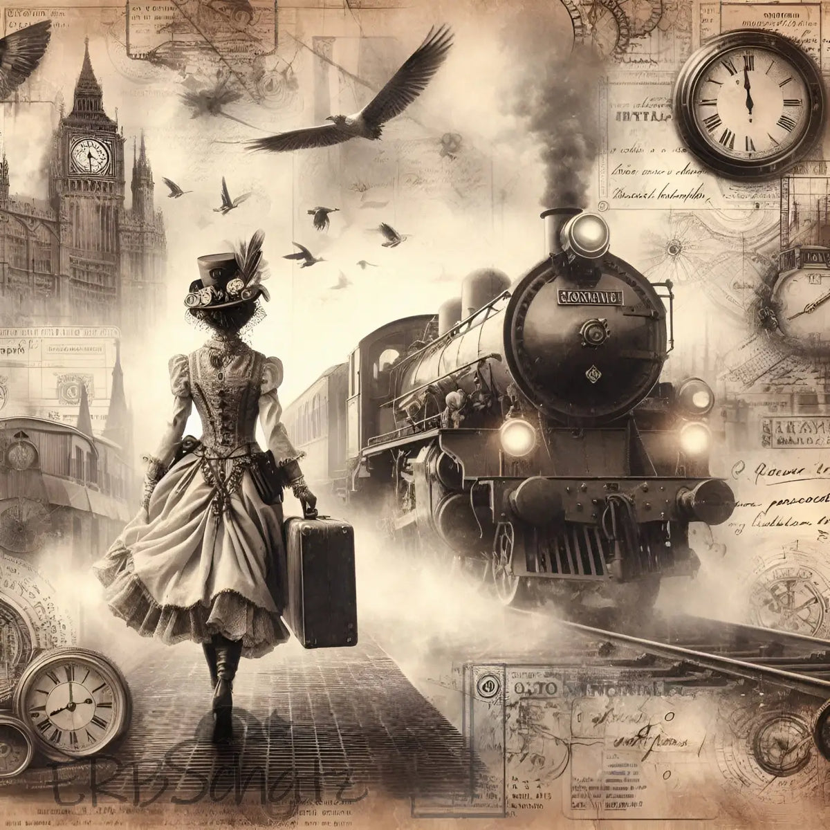 Kunstleder Panel Vintage Travel Train | Größenauswahl - P15
