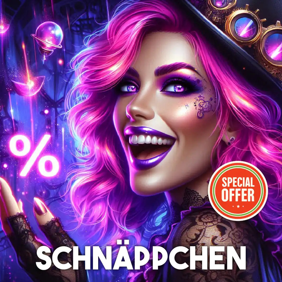 Eine lebendige, lächelnde Frau mit leuchtend pinkem Haar, lila Lippenstift und detailliertem Augen-Make-up, die einen Hut mit leuchtend lila Akzenten und ein Spitzenoberteil trägt, mit einem »ANGEBOT«-Abzeichen und dem Wort »SCHNÄPPCHEN« (Schnäppchen) sichtbar.