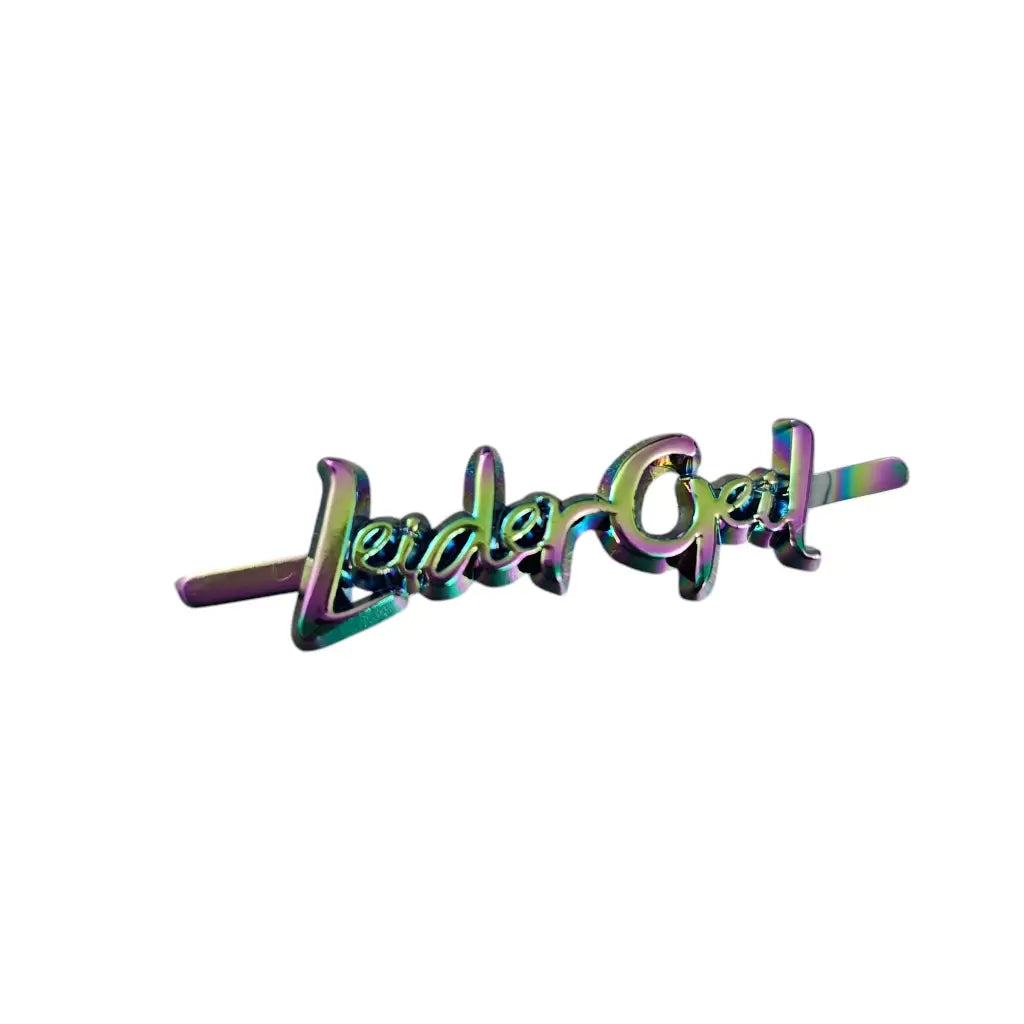 Metall Label ’LeiderGeil’ Schreibschrift Rainbow