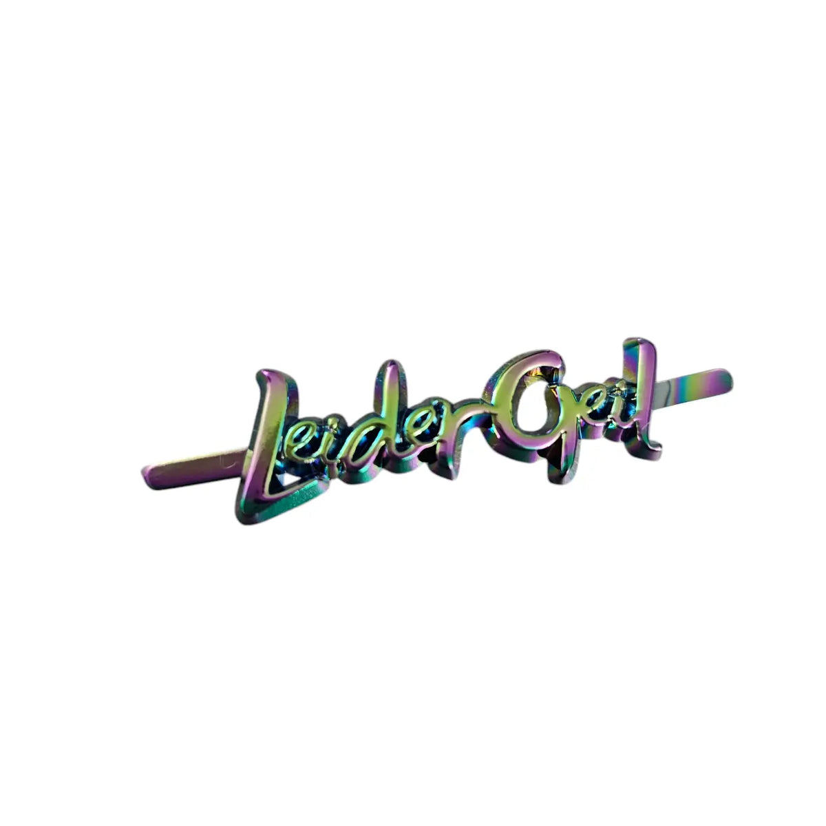 Metall Label ’LeiderGeil’ Schreibschrift Rainbow