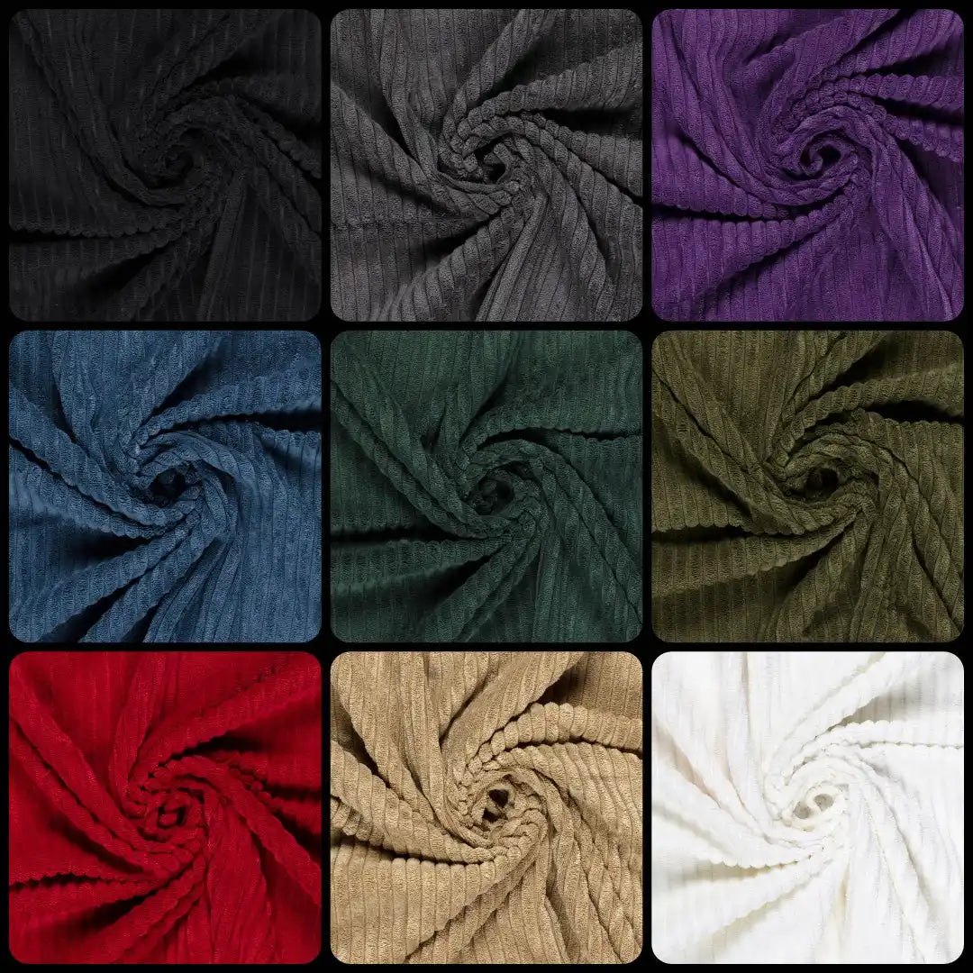 Neun Muster aus geripptem Nickystoff in verschiedenen Farben.