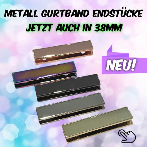 Metall-Gürtelschlaufen-Endstücke in Roségold, Schwarz, Silber und mit schimmernden Ausführungen.