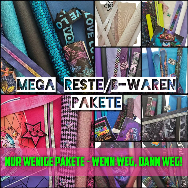 Ein lebendiges Collage-Arrangement aus verschiedenen Stoffrollen, Reißverschlüssen und dekorativen Patches in kräftigen Farben wie Petrol, Pink, Lila und Schwarz.
